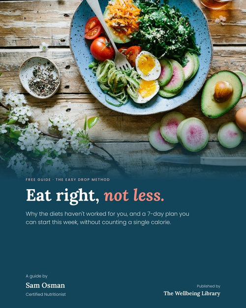 Cover of Eat Right, Not Less, a free healthy eating guide by certified nutritionist Sam Osman: a plate of eggs, avocado, greens and tomatoes