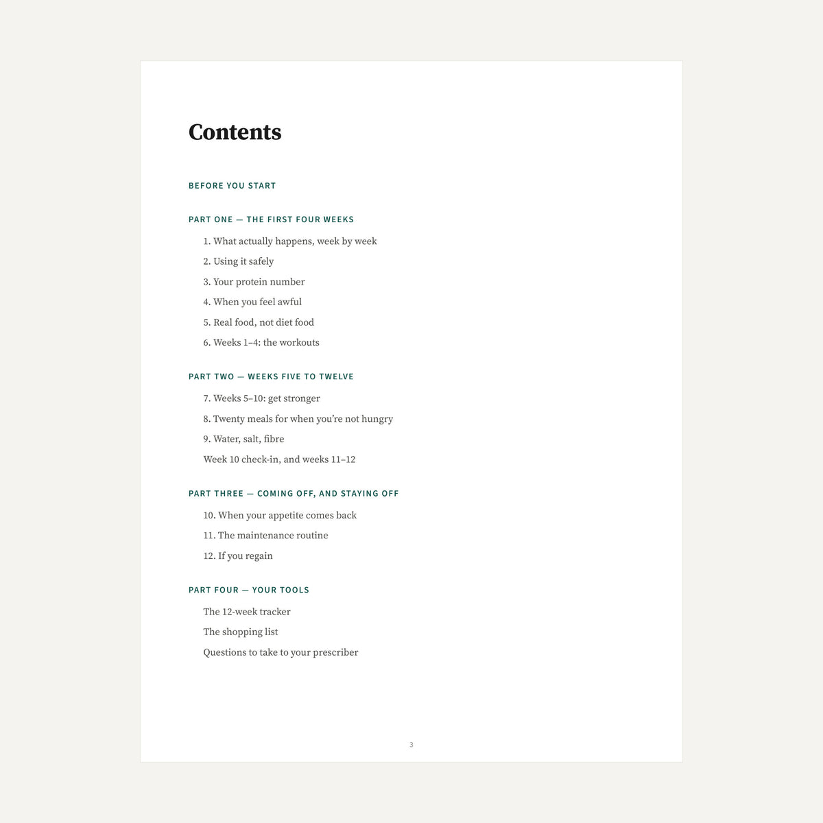 The contents page — twelve chapters across four parts, from the first four weeks through to coming off