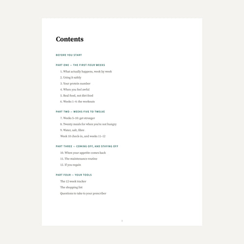 The contents page — twelve chapters across four parts, from the first four weeks through to coming off